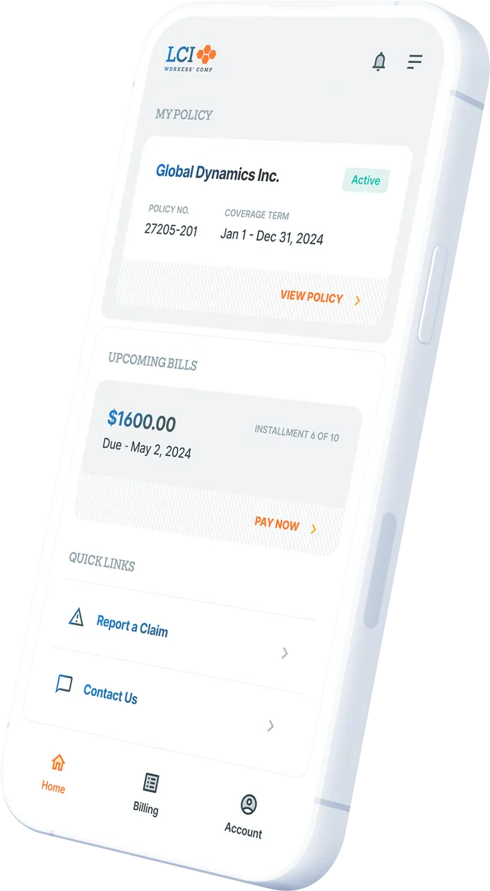 LCI insurance app dashboard with orange accents